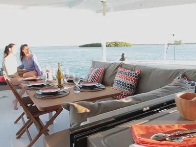 Deck of Summer Sun, a Fountaine Pajot Lucia 40 catamaran at Portimão, Portugal