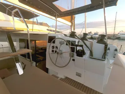 Cockpit of Summer Sun, a Fountaine Pajot Lucia 40 catamaran at Portimão, Portugal