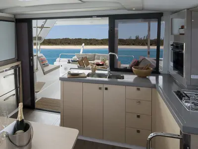 Galley of Summer Sun, a Fountaine Pajot Lucia 40 catamaran at Portimão, Portugal