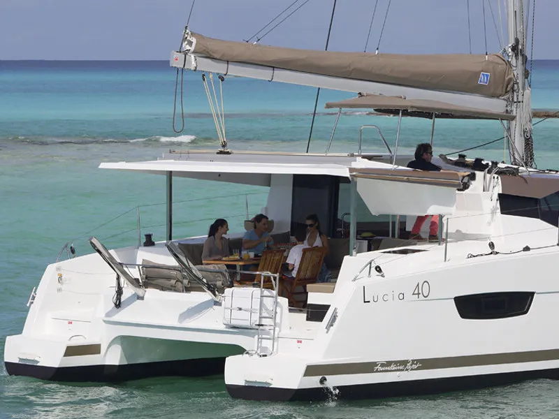 Exterior view of Summer Sun, a Fountaine Pajot Lucia 40 catamaran at Portimão, Portugal
