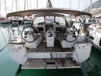 Cockpit of Pangeo, a Jeanneau Sun Odyssey 410 sailboat at Benitses, Greece
