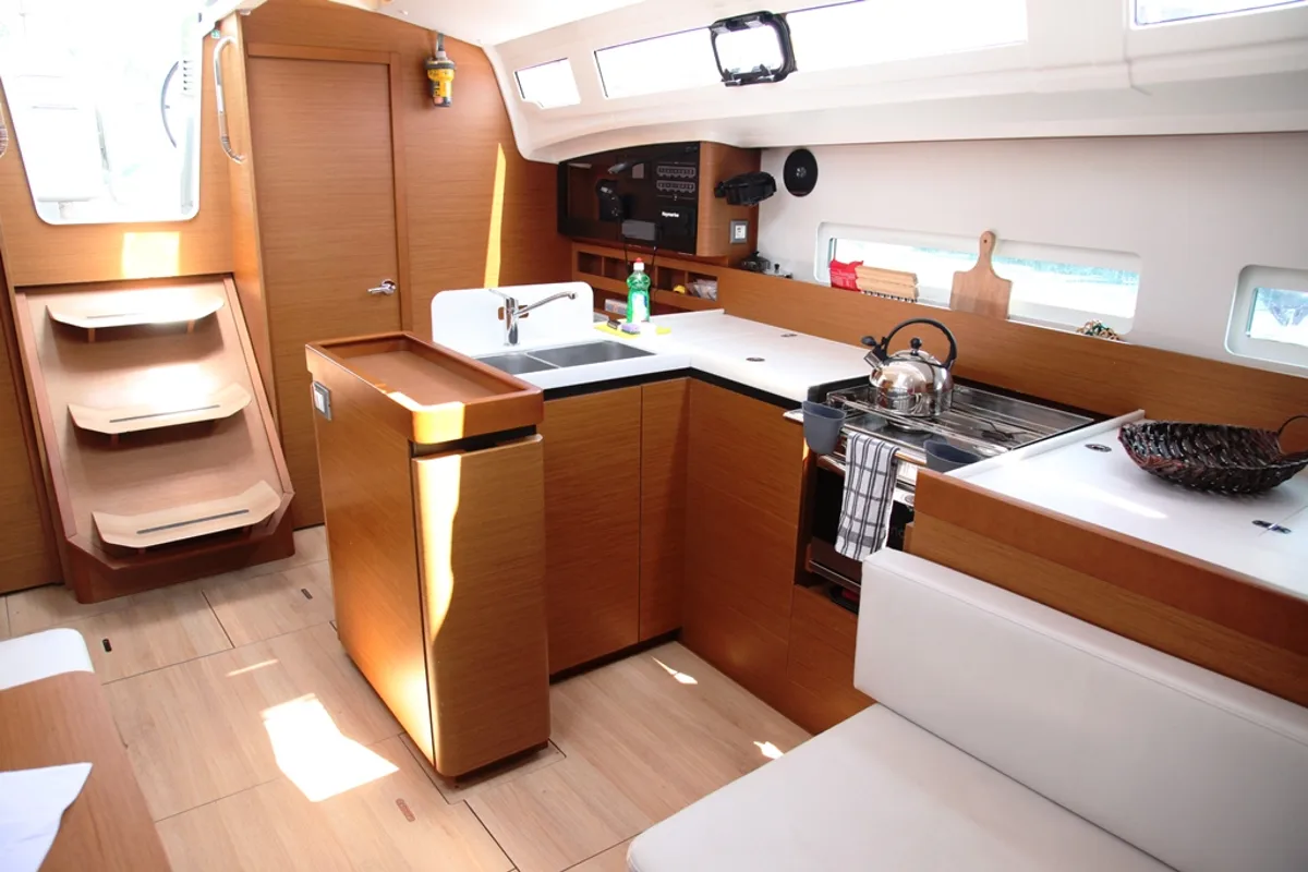Galley of Pangeo, a Jeanneau Sun Odyssey 410 sailboat at Benitses, Greece