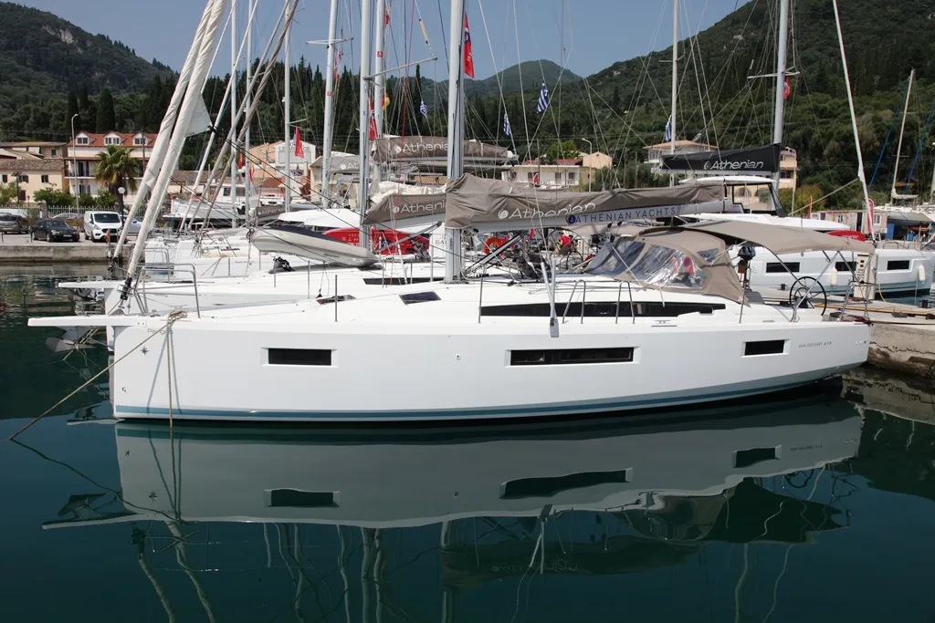 Exterior view of Pangeo, a Jeanneau Sun Odyssey 410 sailboat at Benitses, Greece