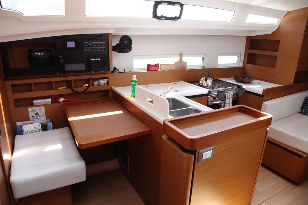 Galley of Pangeo, a Jeanneau Sun Odyssey 410 sailboat at Benitses, Greece
