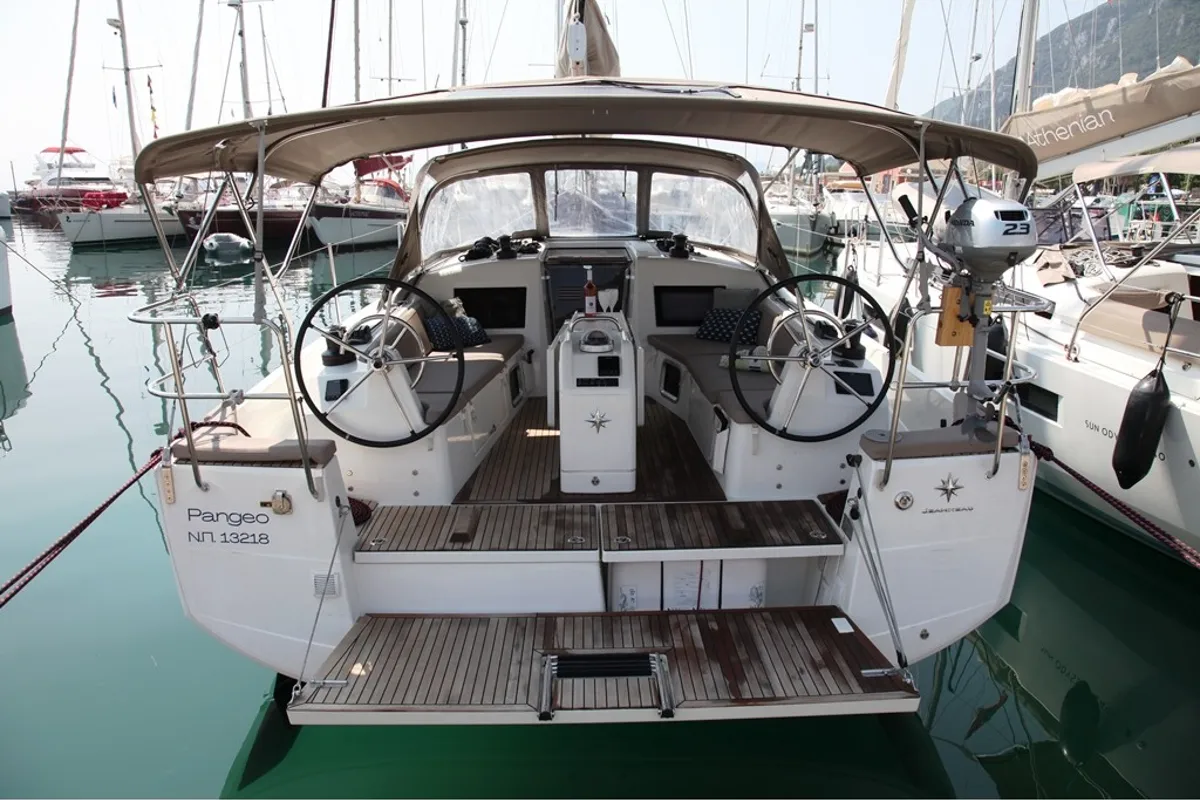 Exterior view of Pangeo, a Jeanneau Sun Odyssey 410 sailboat at Benitses, Greece