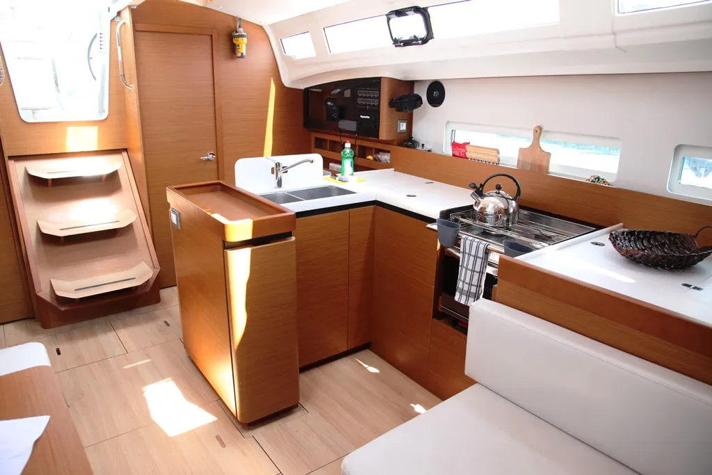 Galley of Pangeo, a Jeanneau Sun Odyssey 410 sailboat at Benitses, Greece