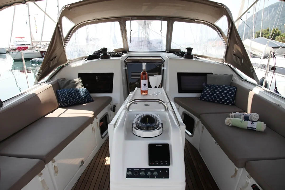 Cockpit of Pangeo, a Jeanneau Sun Odyssey 410 sailboat at Benitses, Greece