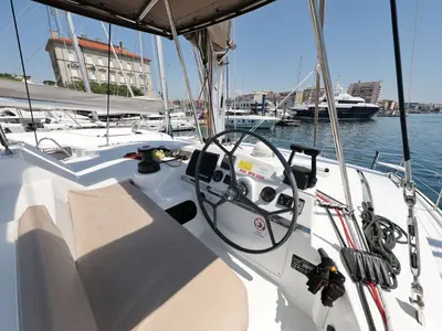 Cockpit of So Far So Good, a Bali 4.0 catamaran at Zadar, Croatia
