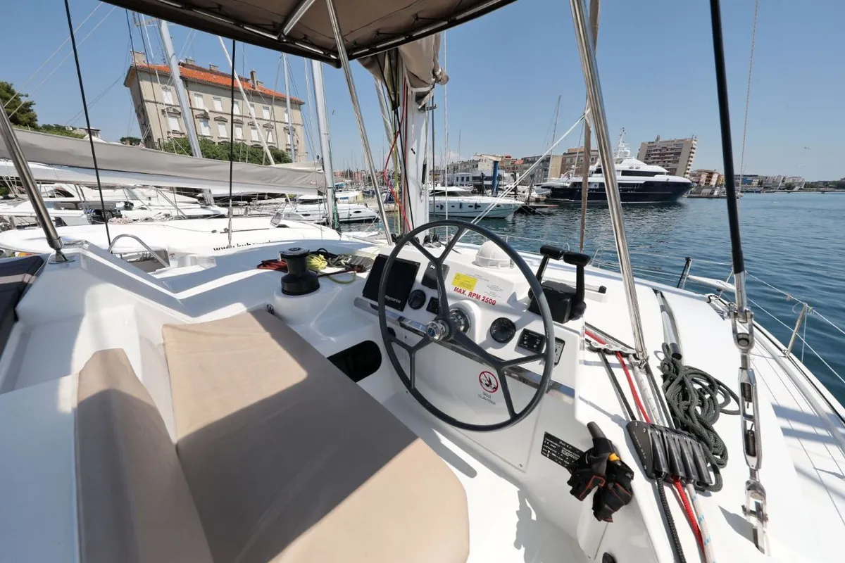 Cockpit of So Far So Good, a Bali 4.0 catamaran at Zadar, Croatia