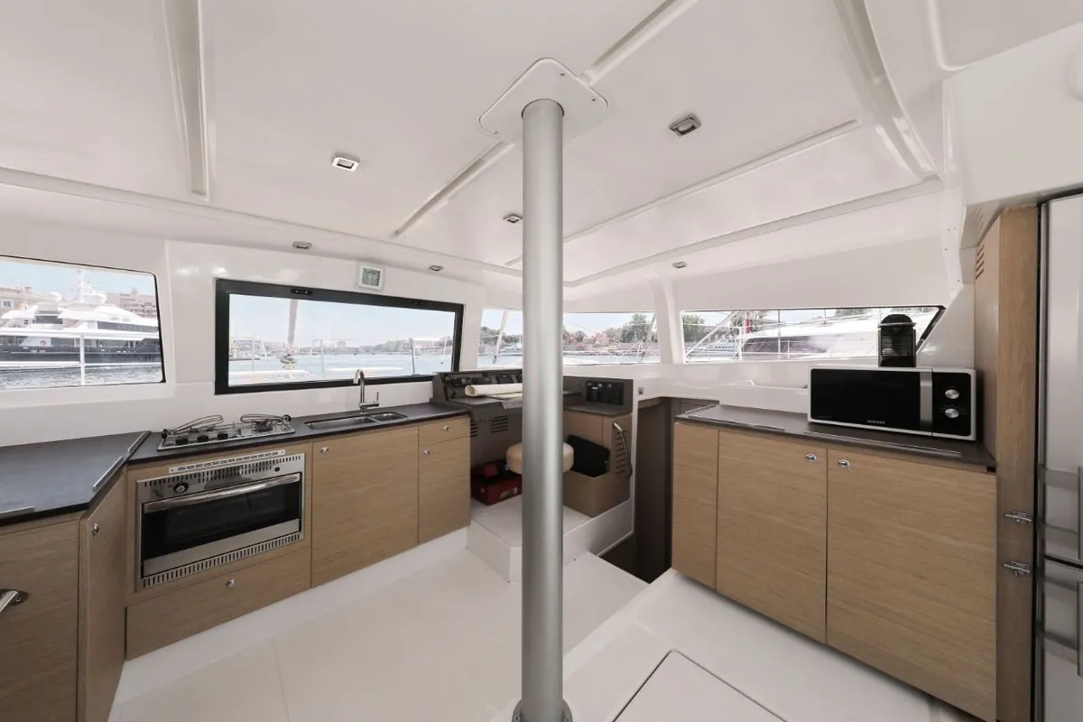 Galley of So Far So Good, a Bali 4.0 catamaran at Zadar, Croatia