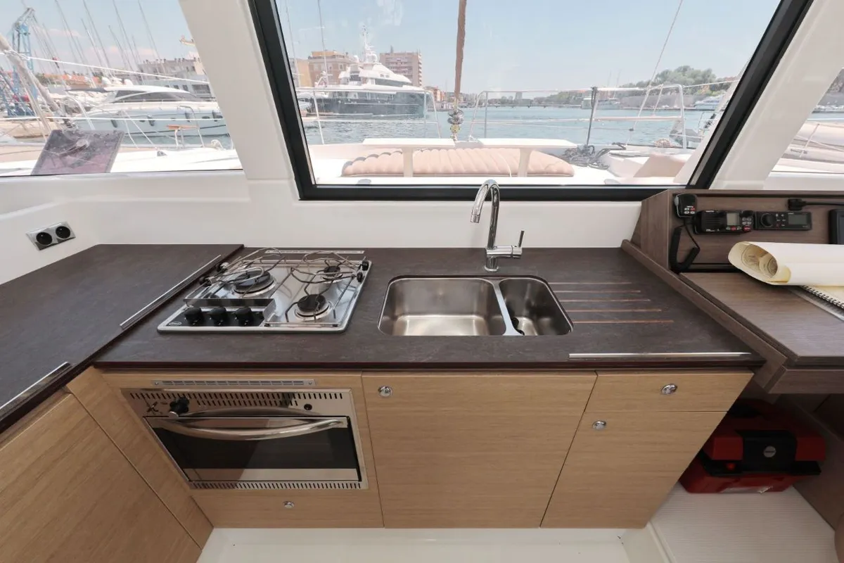 Galley of So Far So Good, a Bali 4.0 catamaran at Zadar, Croatia