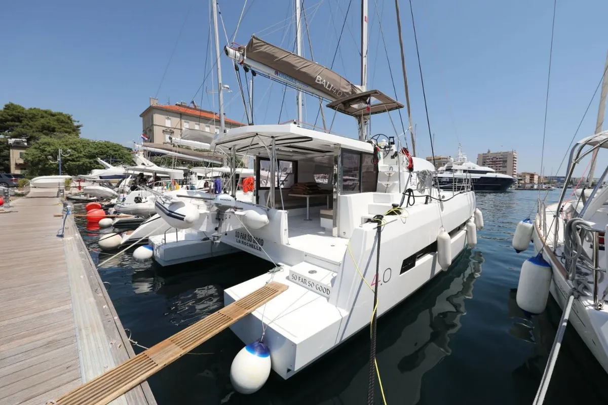 Exterior view of So Far So Good, a Bali 4.0 catamaran at Zadar, Croatia
