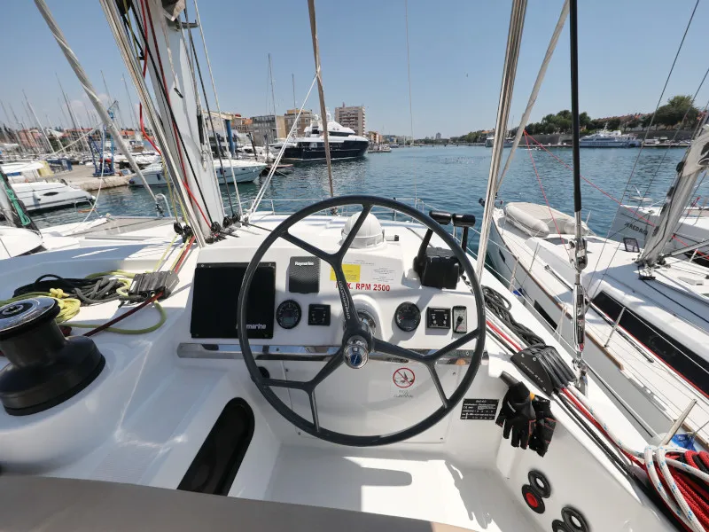 Cockpit of So Far So Good, a Bali 4.0 catamaran at Zadar, Croatia