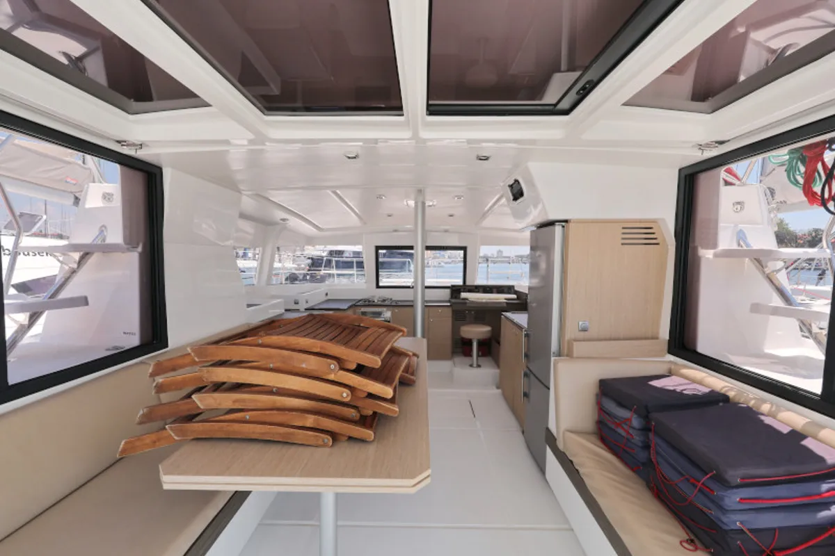 Salon of So Far So Good, a Bali 4.0 catamaran at Zadar, Croatia
