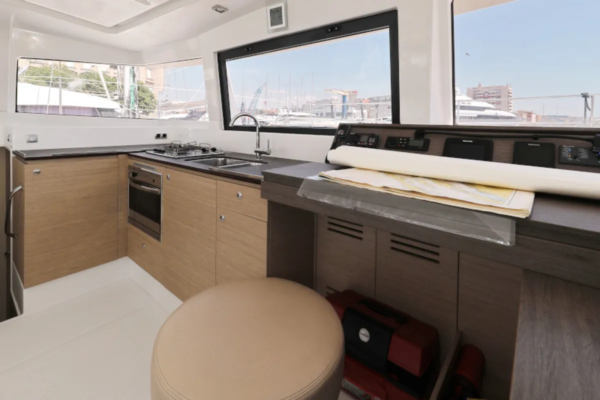 Galley of So Far So Good, a Bali 4.0 catamaran at Zadar, Croatia