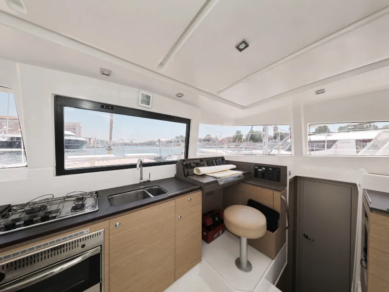 Galley of So Far So Good, a Bali 4.0 catamaran at Zadar, Croatia