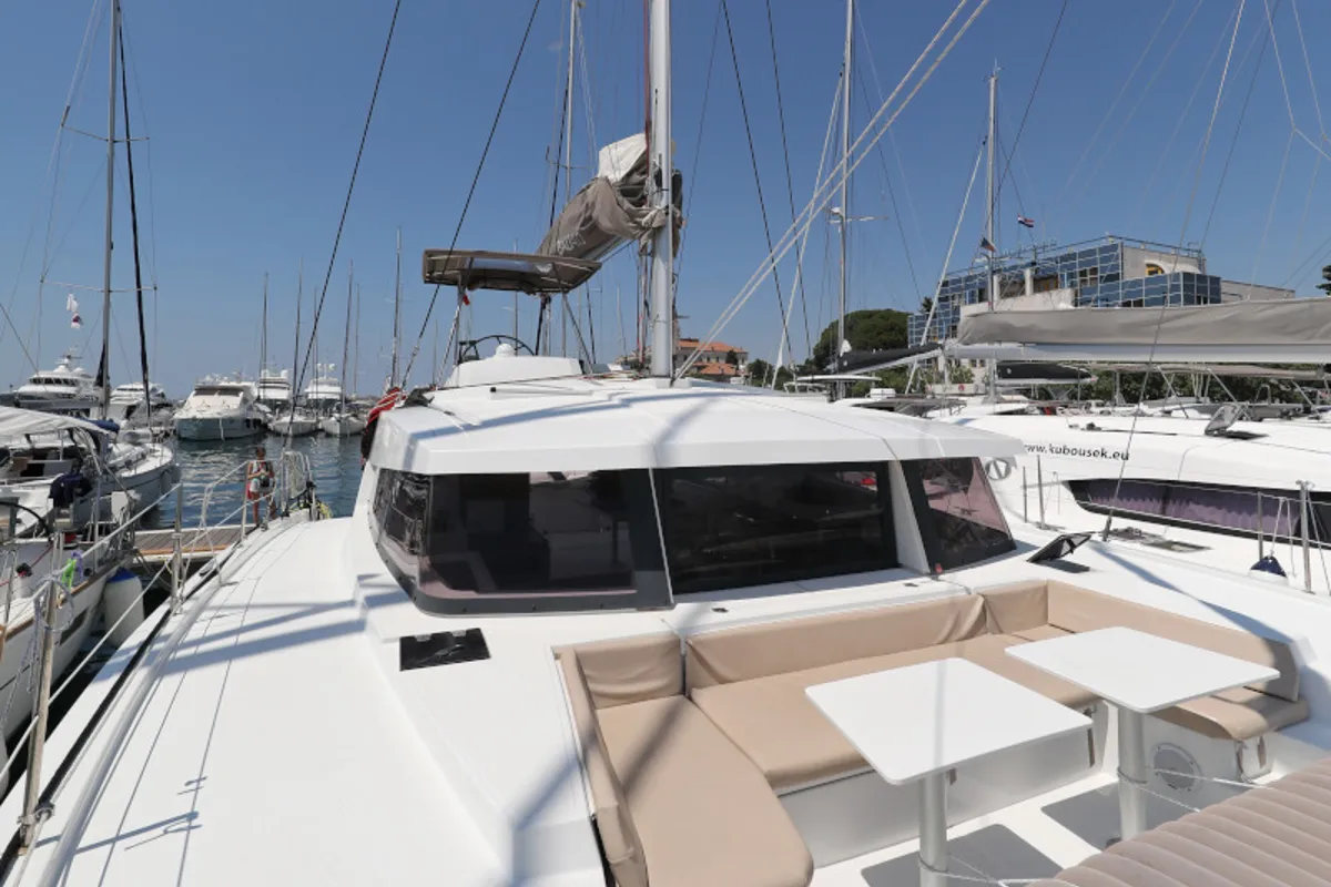 Deck of So Far So Good, a Bali 4.0 catamaran at Zadar, Croatia