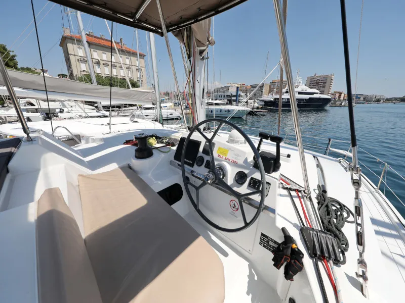 Cockpit of So Far So Good, a Bali 4.0 catamaran at Zadar, Croatia