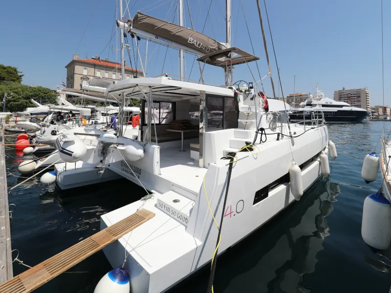 Exterior view of So Far So Good, a Bali 4.0 catamaran at Zadar, Croatia