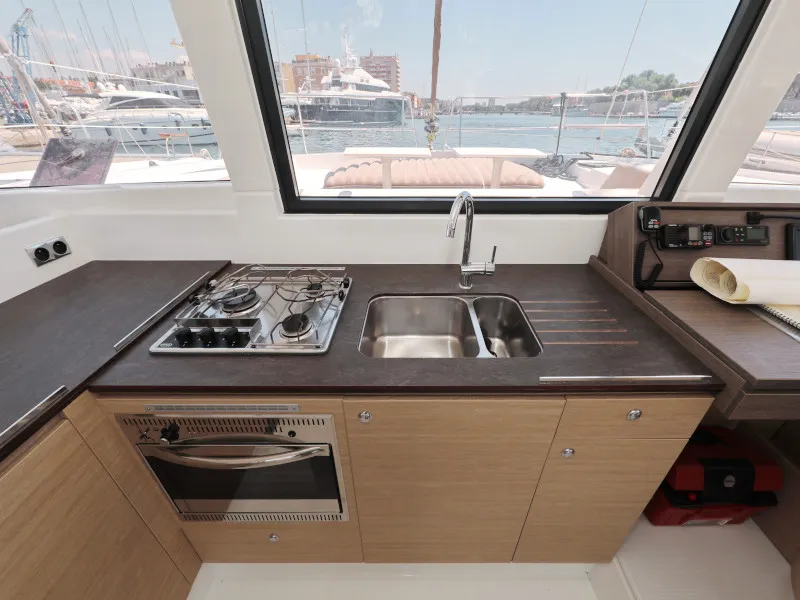 Galley of So Far So Good, a Bali 4.0 catamaran at Zadar, Croatia