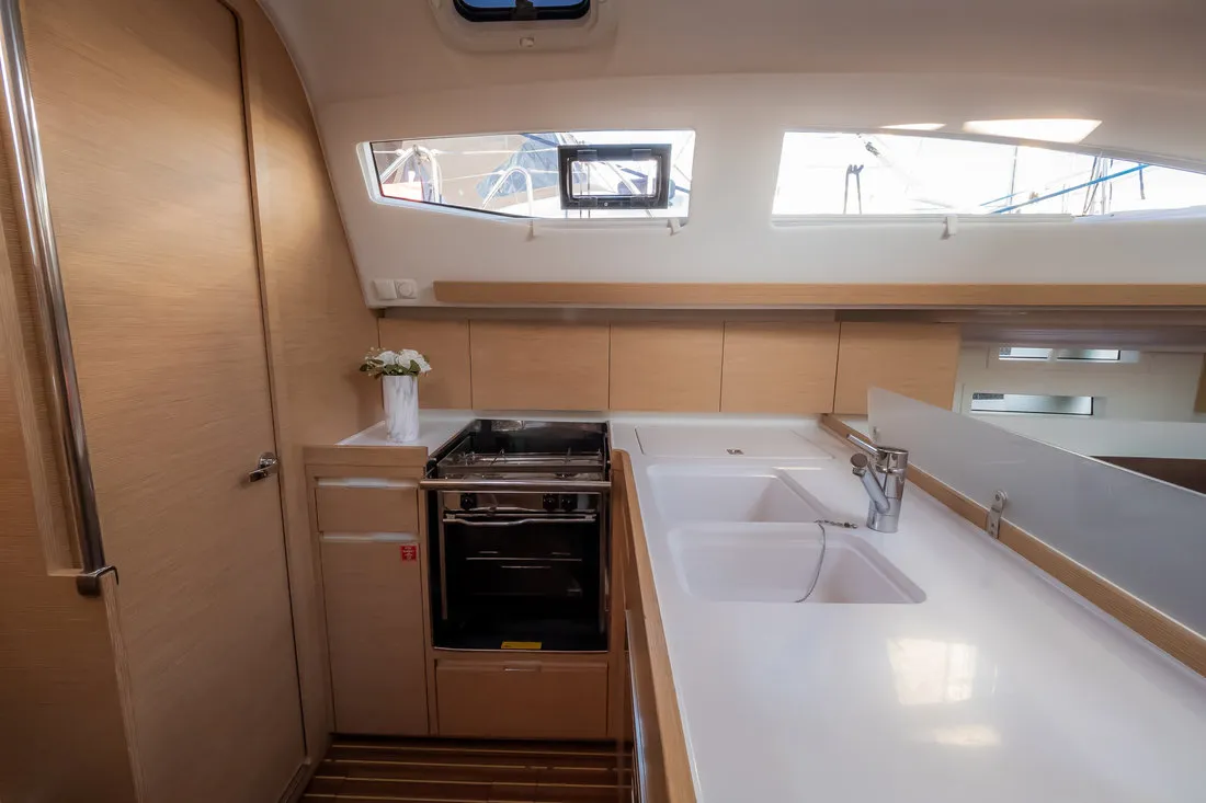 Galley of Mona, a Elan Impression 40 sailboat at Grad Biograd na Moru, Croatia