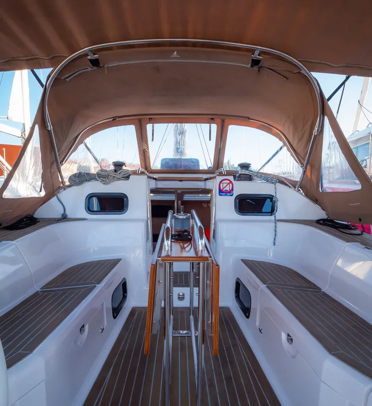 Cockpit of Mona, a Elan Impression 40 sailboat at Grad Biograd na Moru, Croatia