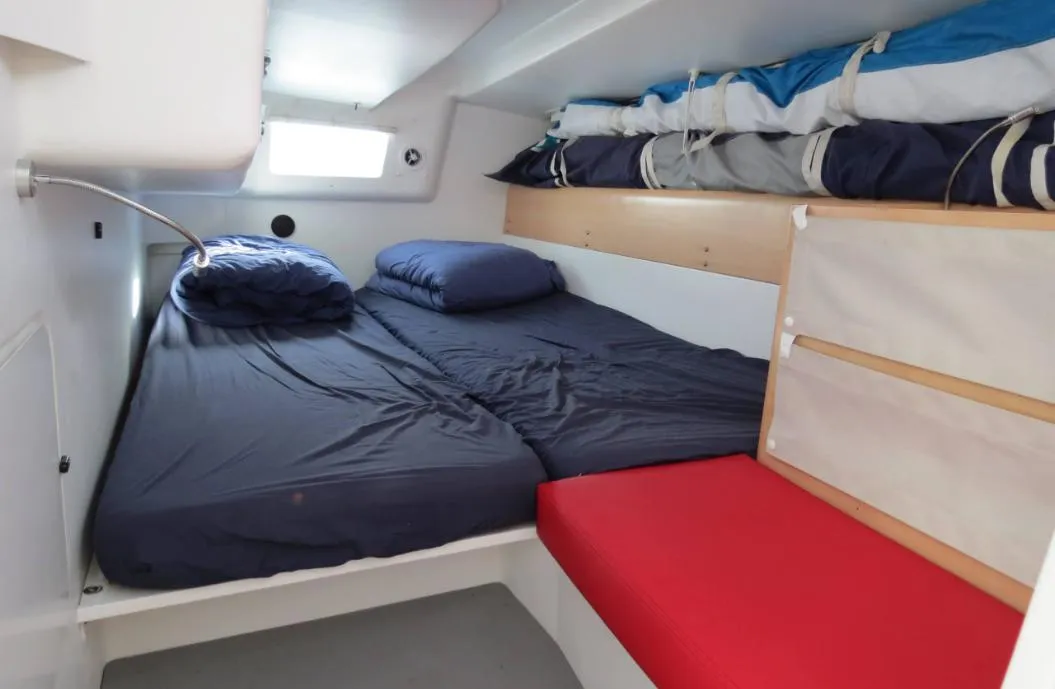Cabin on GREENGO 2, a Pogo 12.5 sailboat at La Rochelle, France