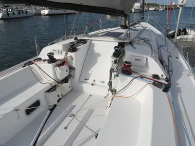 Deck of GREENGO 2, a Pogo 12.5 sailboat at La Rochelle, France