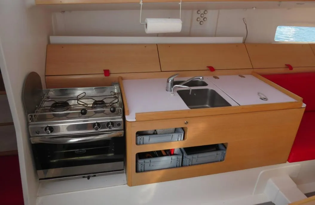 Galley of GREENGO 2, a Pogo 12.5 sailboat at La Rochelle, France