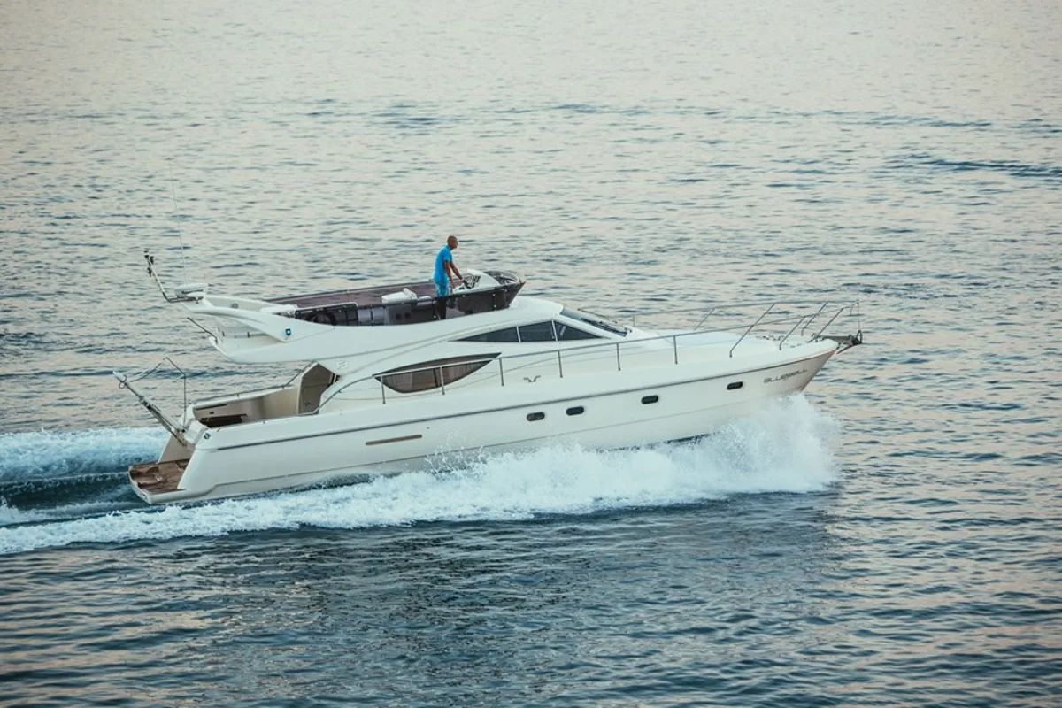 Exterior view of Bluebell, a Ferretti Yachts 460i motor yacht at Podstrana - Miljevac, Croatia