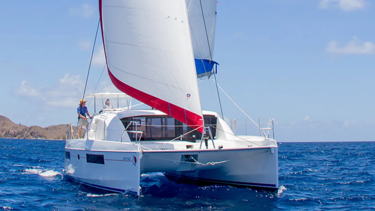 Cockpit of Sunsail 404 Classic, a Leopard 40 catamaran at Procida, Italy