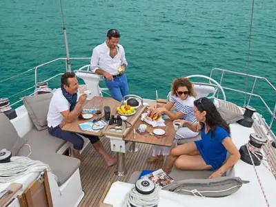 Deck of Vitabella 4, a Bavaria Cruiser 51 sailboat at es Jonquet, Spain