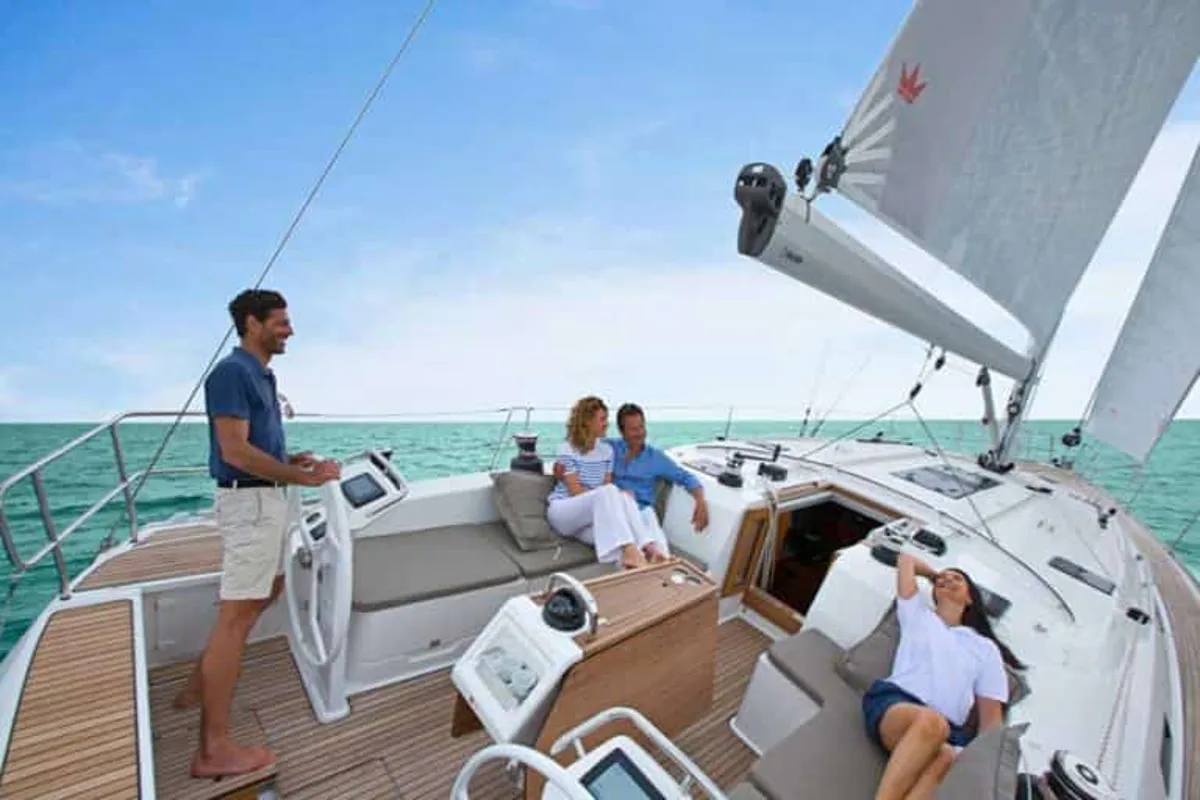 Cockpit of Vitabella 4, a Bavaria Cruiser 51 sailboat at es Jonquet, Spain