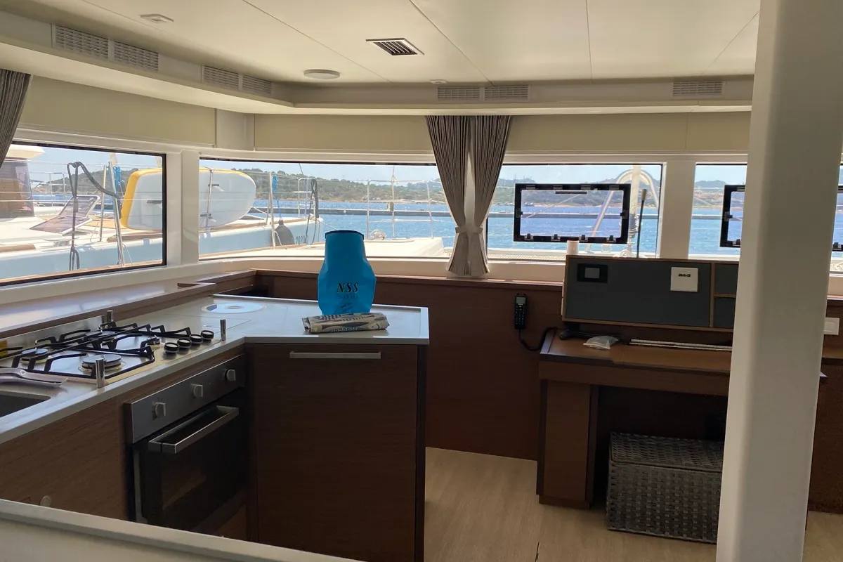 Galley of Orsa Maggiore, a Lagoon 52F catamaran at Olbia, Italy