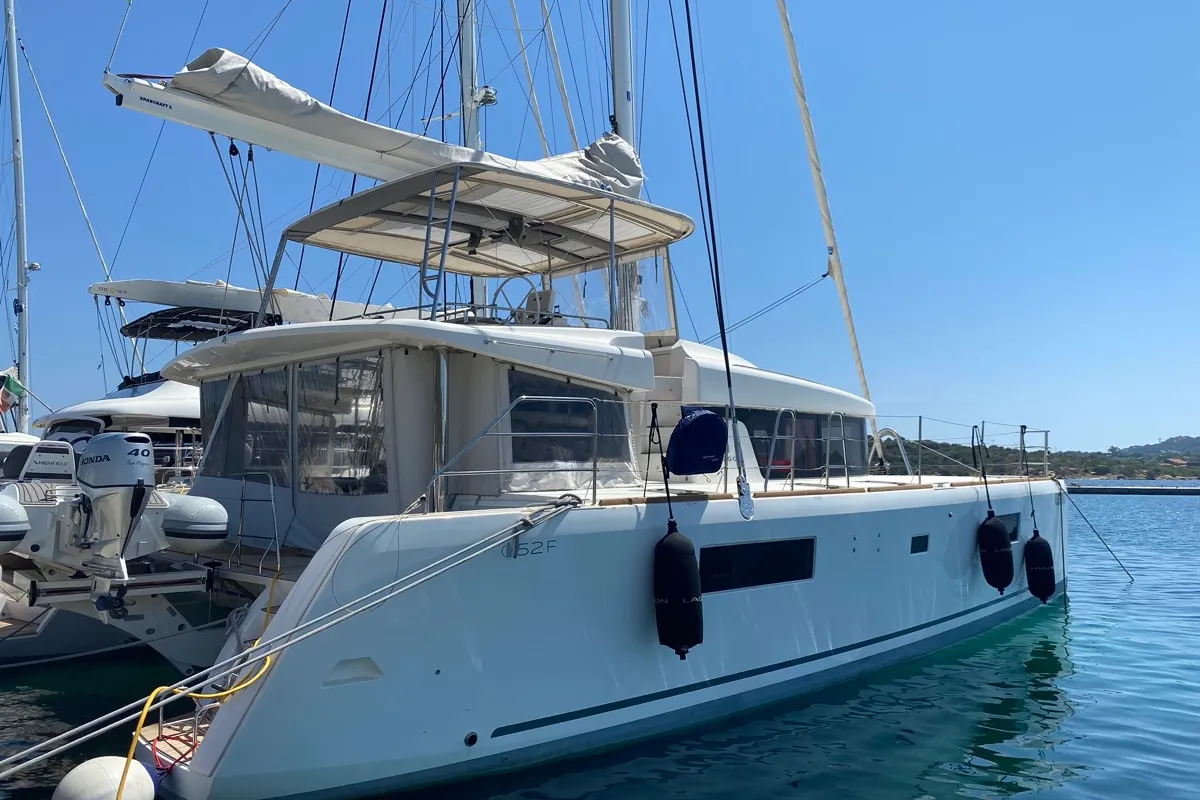 Exterior view of Orsa Maggiore, a Lagoon 52F catamaran at Olbia, Italy