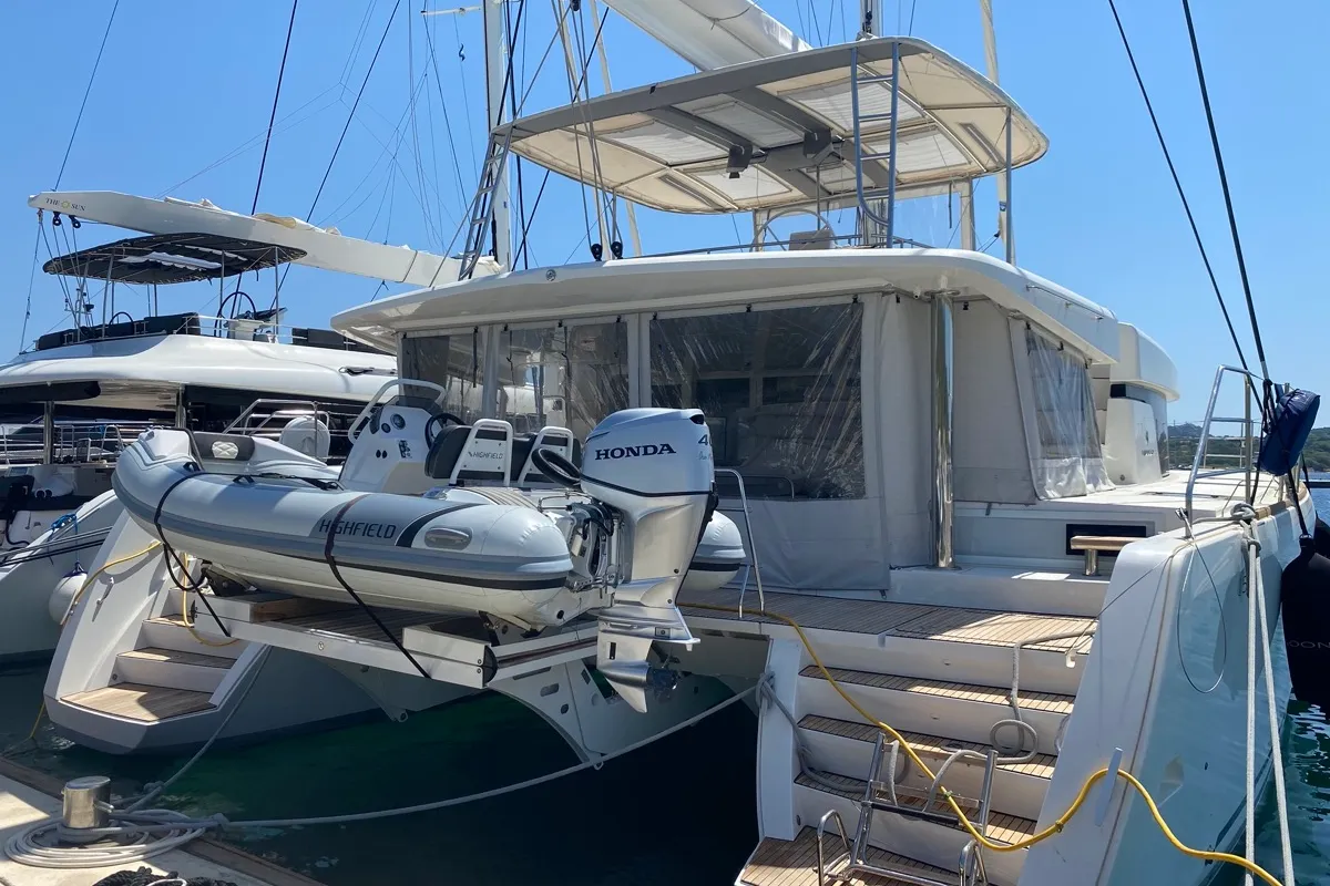 Exterior view of Orsa Maggiore, a Lagoon 52F catamaran at Olbia, Italy