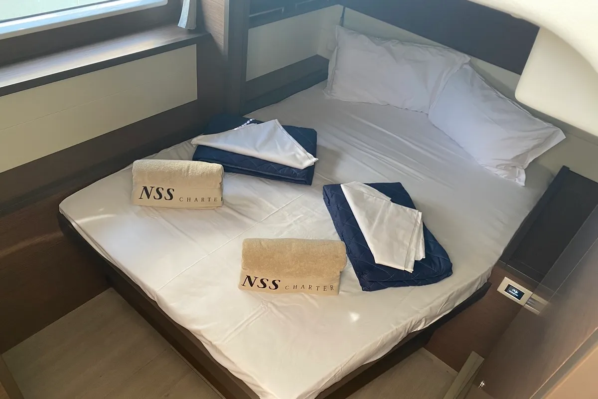 Cabin on Orsa Maggiore, a Lagoon 52F catamaran at Olbia, Italy
