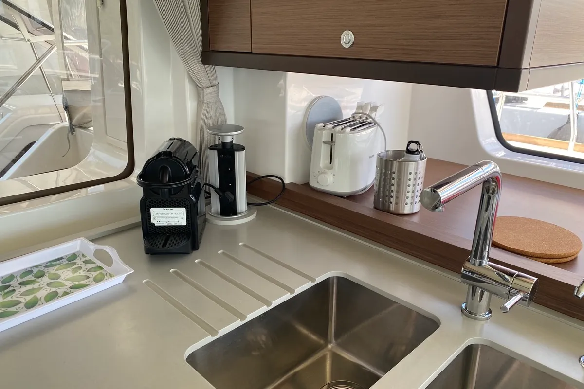 Galley of Orsa Maggiore, a Lagoon 52F catamaran at Olbia, Italy