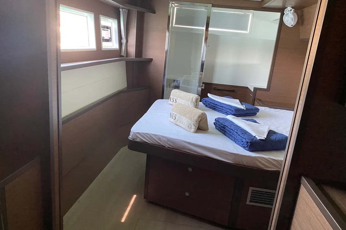 Cabin on Orsa Maggiore, a Lagoon 52F catamaran at Olbia, Italy