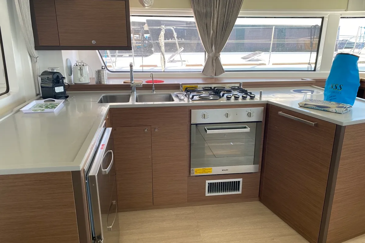Galley of Orsa Maggiore, a Lagoon 52F catamaran at Olbia, Italy