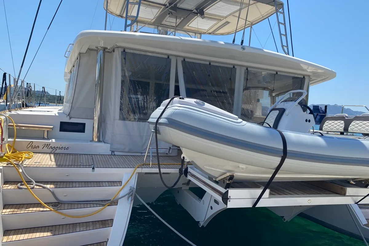 Exterior view of Orsa Maggiore, a Lagoon 52F catamaran at Olbia, Italy