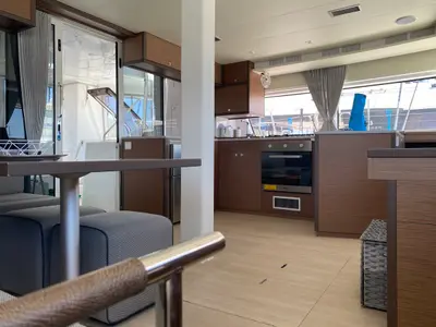 Salon of Orsa Maggiore, a Lagoon 52F catamaran at Olbia, Italy