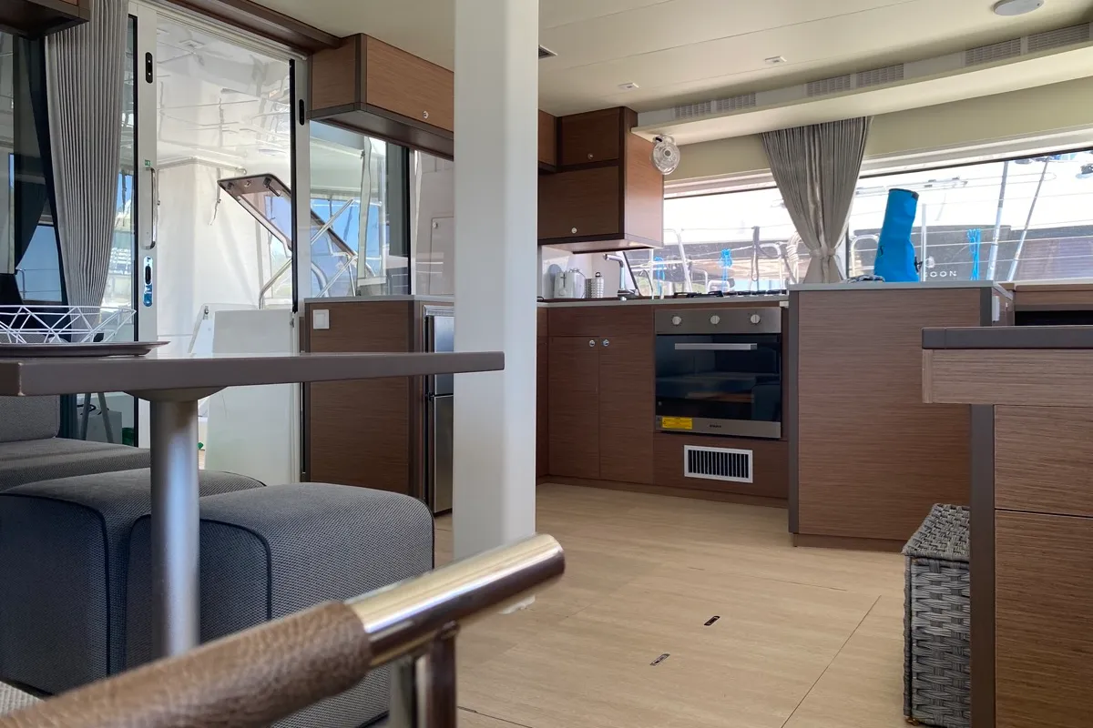 Salon of Orsa Maggiore, a Lagoon 52F catamaran at Olbia, Italy