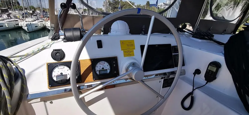 Cockpit of Kos 44.3, a Bali 4.4 catamaran at Athens, Greece