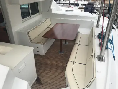 Deck of Isis, a Lagoon 440 catamaran at Olbia, Italy