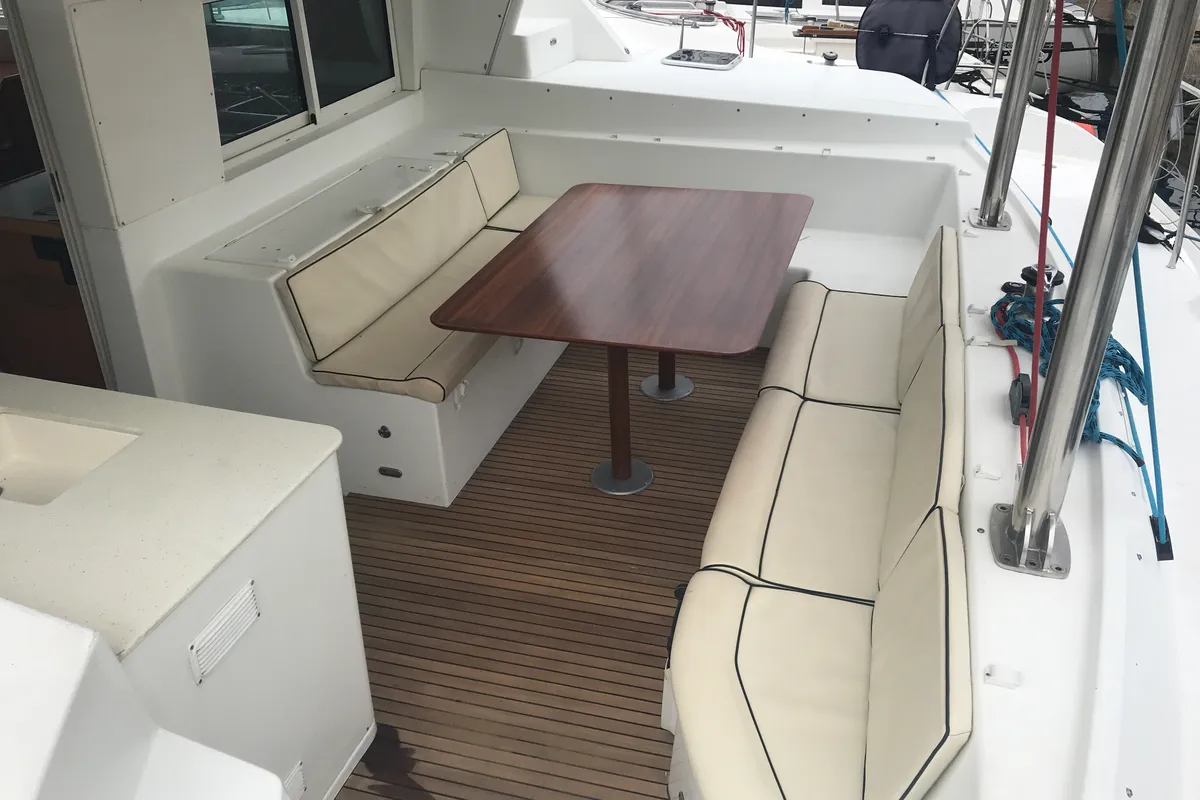 Deck of Isis, a Lagoon 440 catamaran at Olbia, Italy