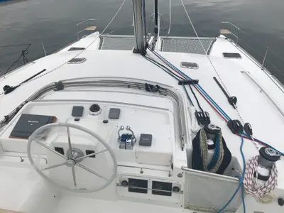 Cockpit of Isis, a Lagoon 440 catamaran at Olbia, Italy