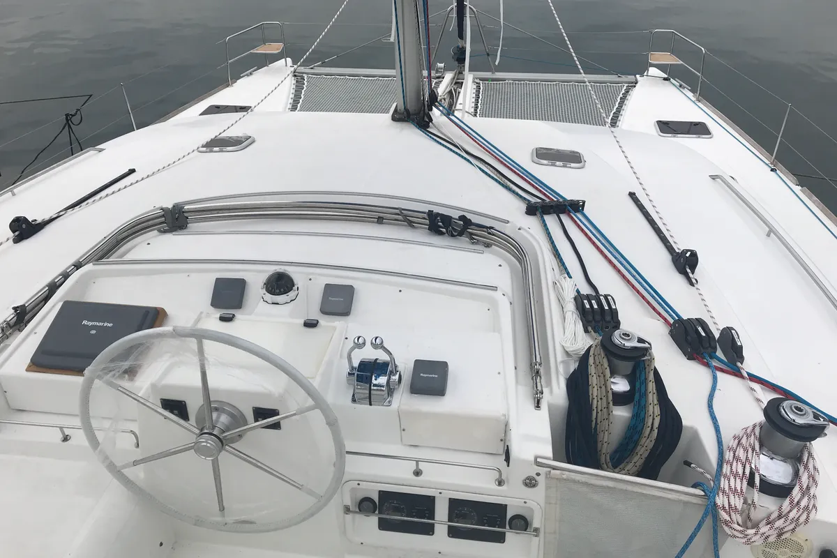 Cockpit of Isis, a Lagoon 440 catamaran at Olbia, Italy