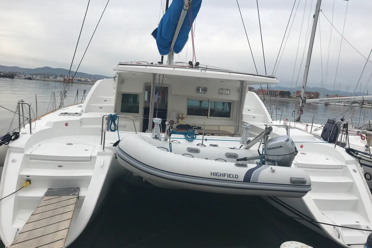 Exterior view of Isis, a Lagoon 440 catamaran at Olbia, Italy