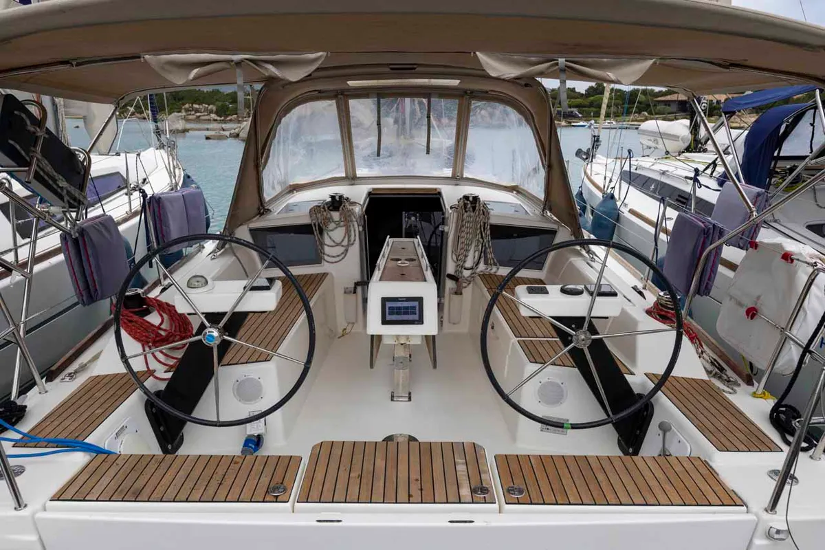 Cockpit of Shakey Ground, a Dufour 360 GL sailboat at Figari/Golfo Aranci, Italy